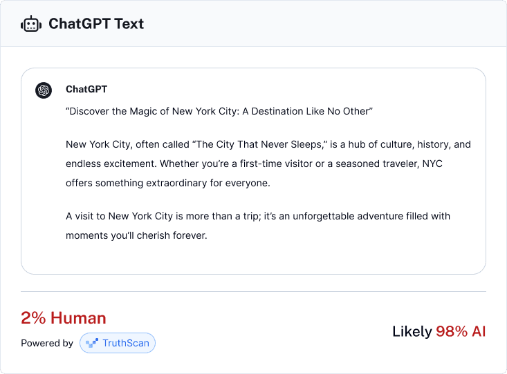 ChatGPT text detected as 2% human and likely 98% AI