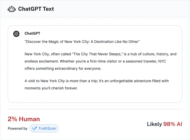 ChatGPT text detected as 2% human and likely 98% AI