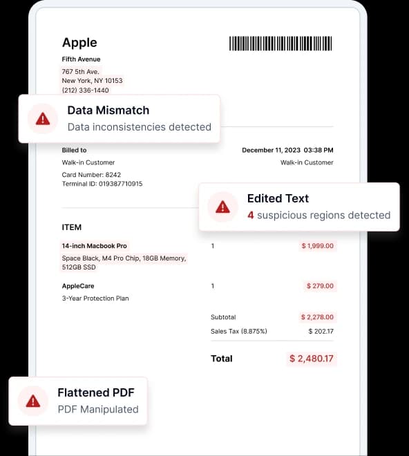 AI PDF detection sample showing flagged document issues